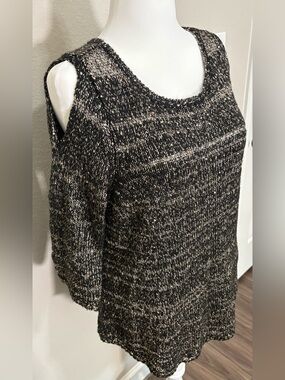 Chico's Black & Gold Sequin Cold Shoulder Metallic Marled Knit Sweater Size L